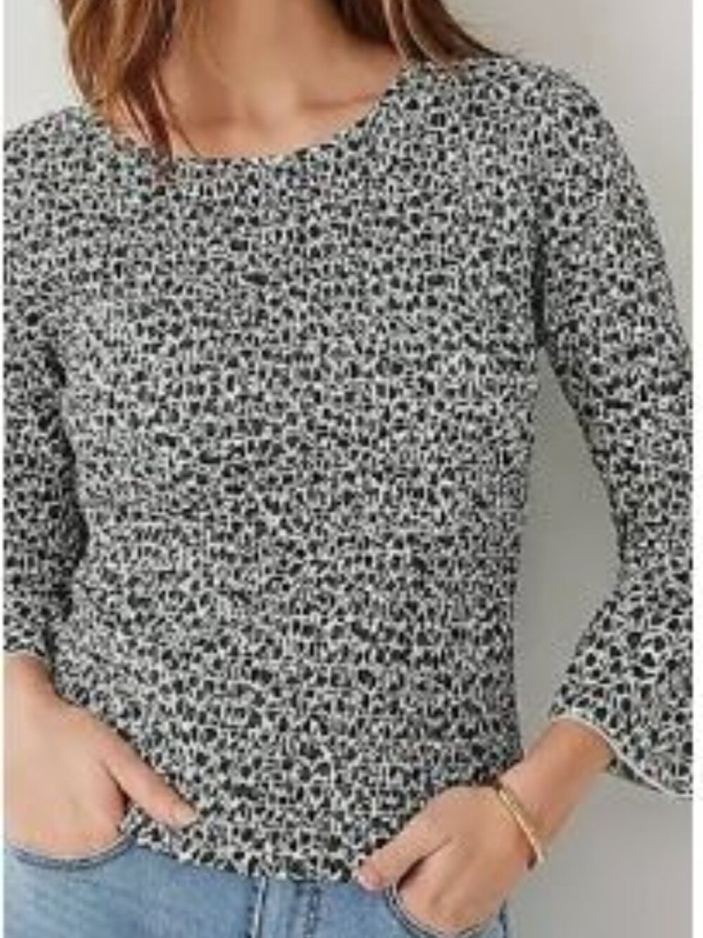 Ann Taylor Green and White Floral smocked Top with 3/4  Bell Sleeves - size 8